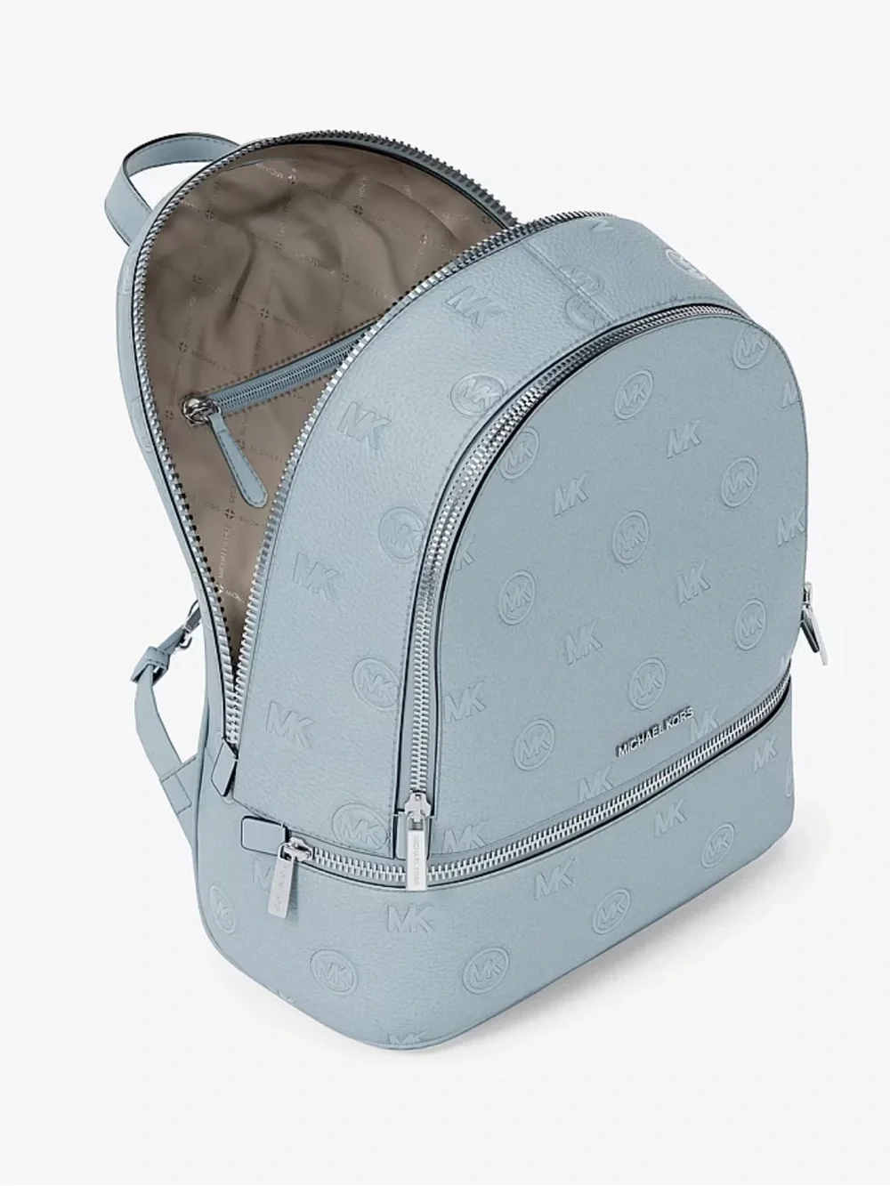 Michael Kors Rhea Medium Zip MK Logo Debossed Backpack Pale Ocean  NWT